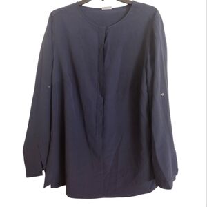 Akris Punto Navy Blue Long Sleeve Half Button Down 100% Silk Blouse Size 16